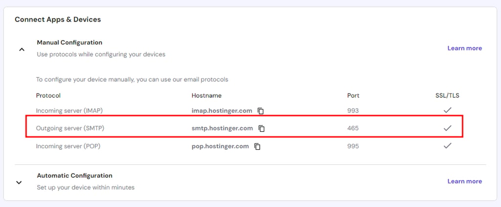 The outgoing server's hostname and port numbers in hPanel