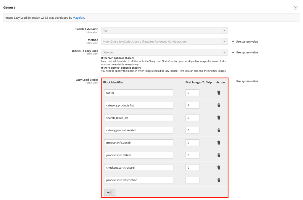 The Lazy Load Blocks option in Magento