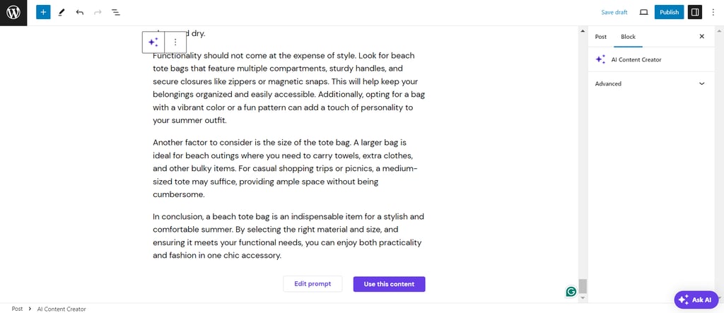 The content draft result from the Hostinger AI Content Creator tool on WordPress post editor interface.
