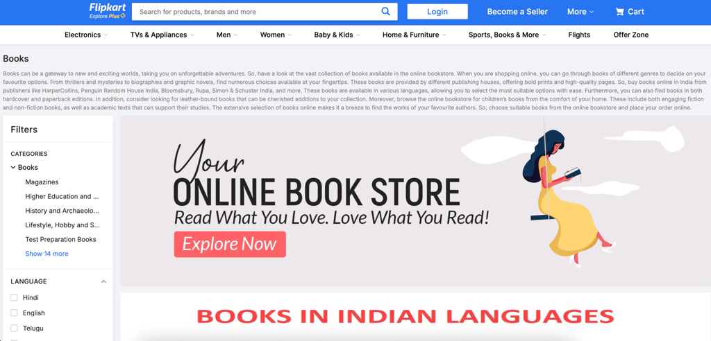 The main page of Flipkart's bookstore page for buying and a selling large variety of books.