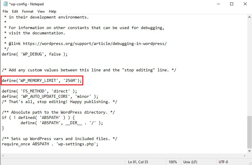 Modifying the wp-config.php file by adding the code.