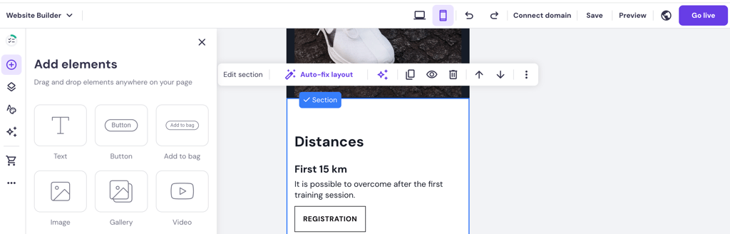 The drag and drop editor in Hostinger Website Builder