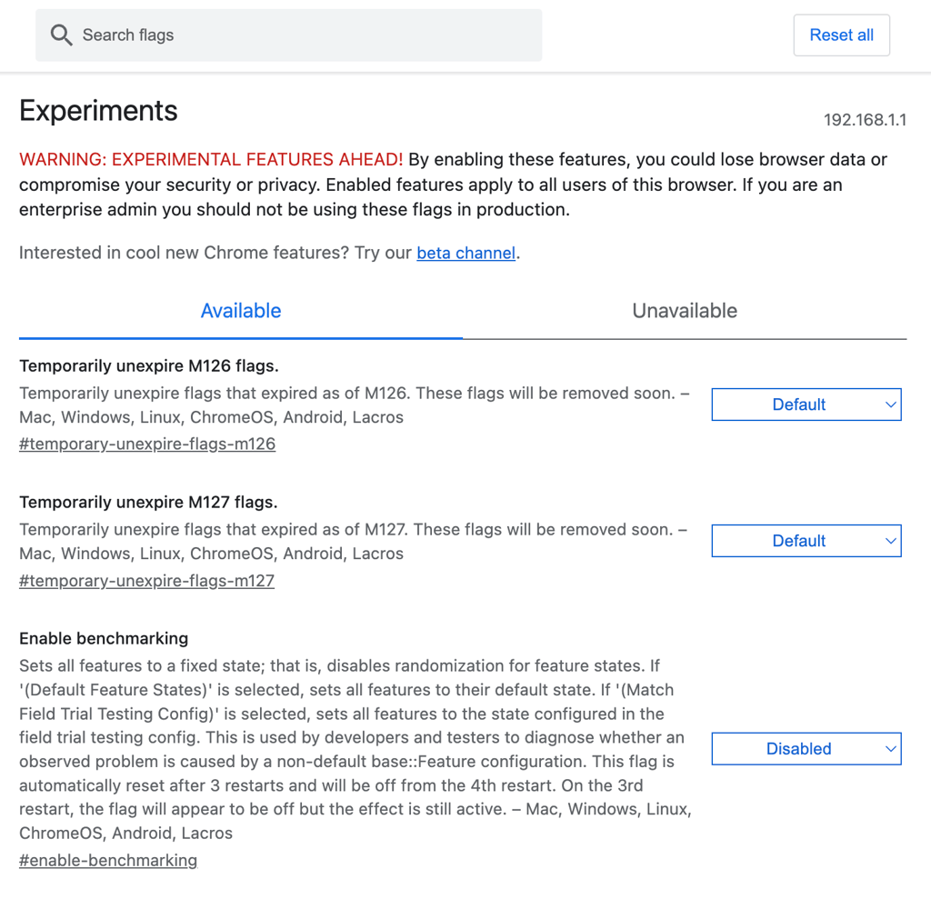 Google Chrome's Experiments menu