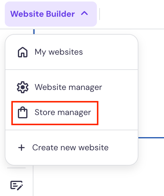 Hostinger Website Builder highlighting store manager option