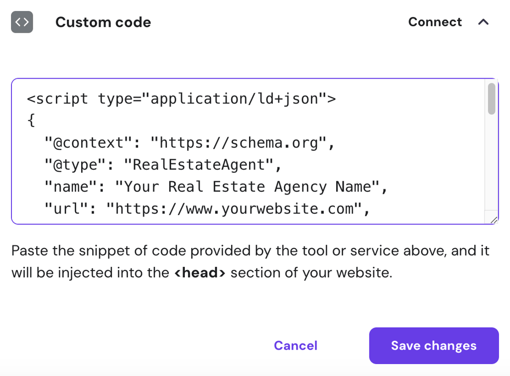 Custom code panel within Hostinger Website Builder