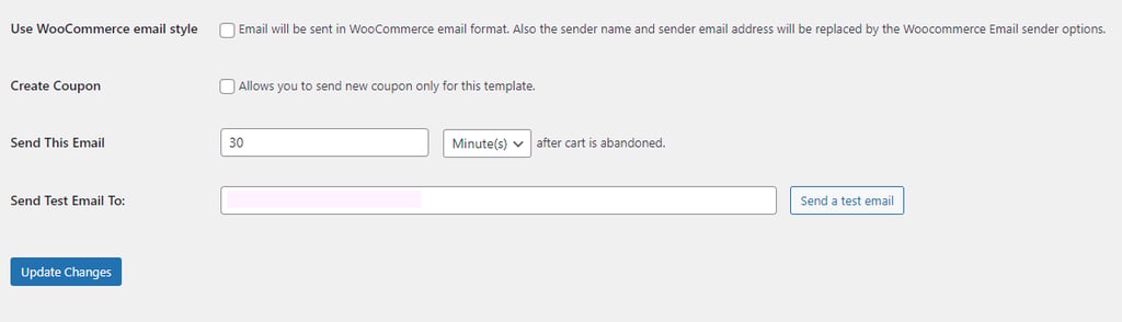 The WooCommerce Cart Abandonment Recovery email editor setting options.