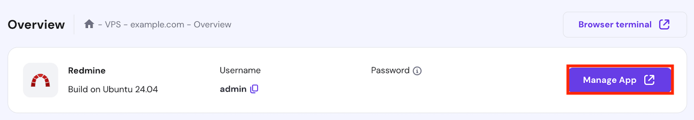 The Redmine dashboard access button on hPanel's VPS Overview page