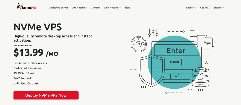 MonoVM's NVMe VPS hosting landing page