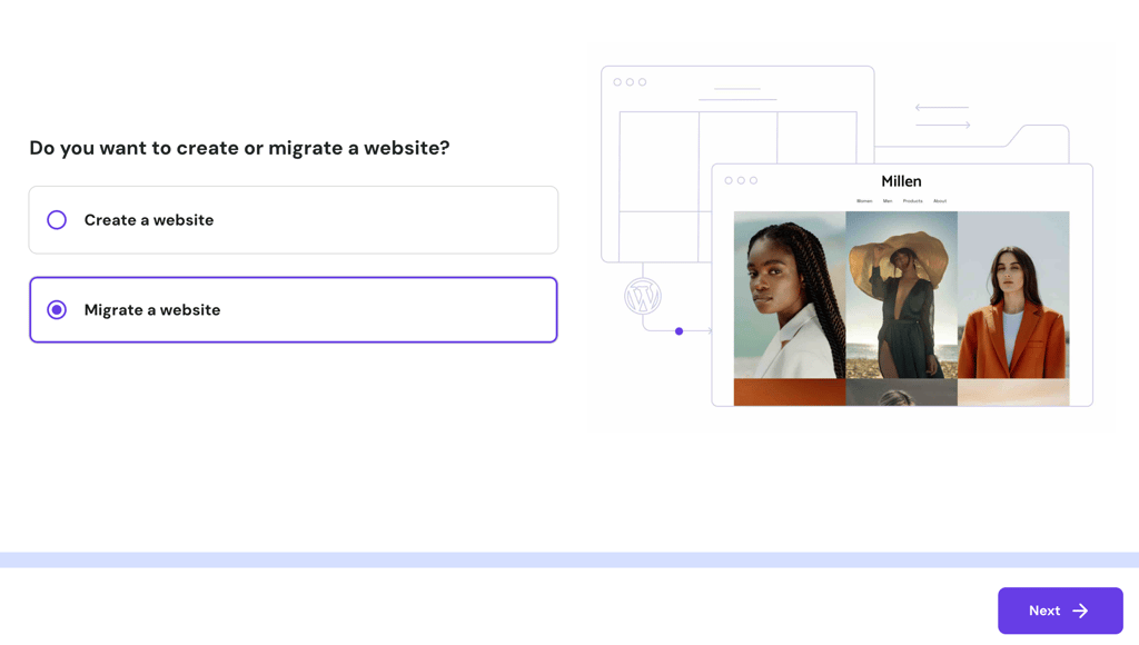 The options to create or migrate a website in hPanel