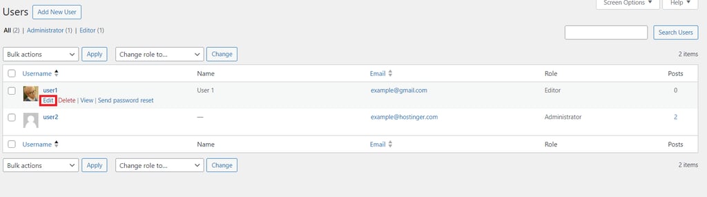 The Edit button is highlighted while hovering over the WordPress user profile
