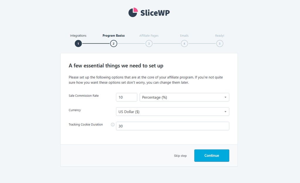 The commission setup page on SliceWP's initial setup wizard