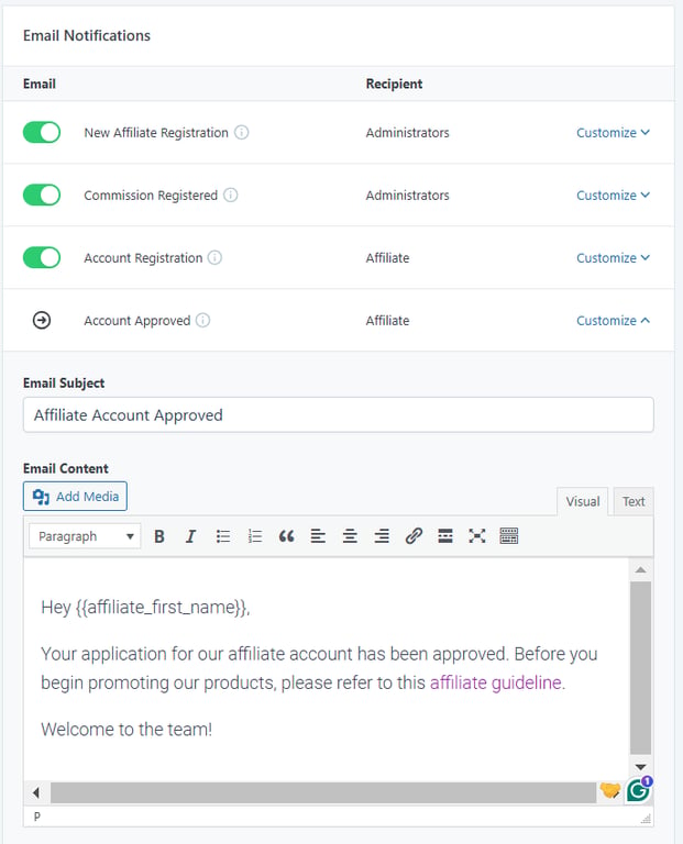 The email notification message customization section on SliceWP's Settings