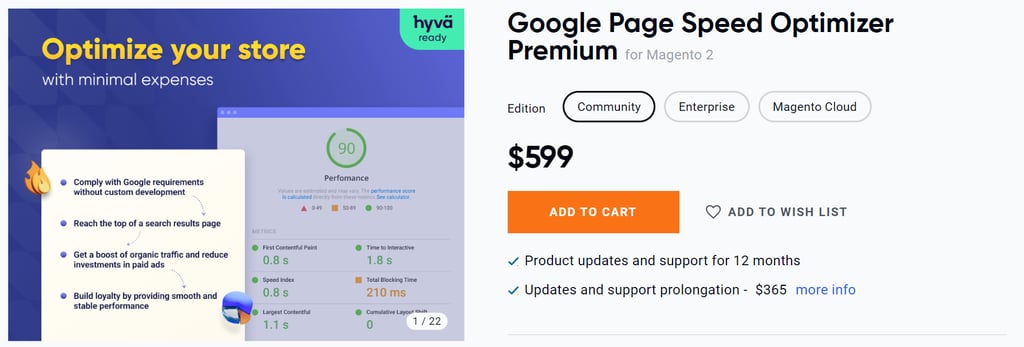 Amasty's Google page speed optimizer product page showing the key features and price plans