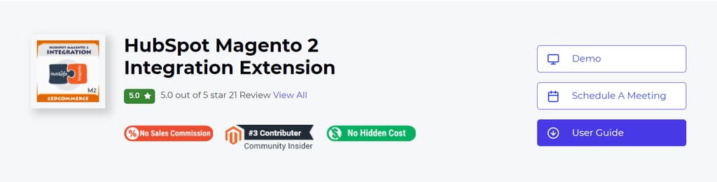 Ced Commerce's Hubspot Magento 2 integration extension showing the product logo and reviews