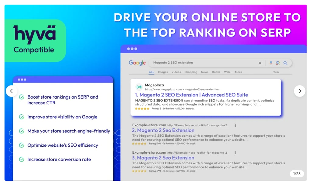 Mageplaza's SEO extension homage showing the extension's key features