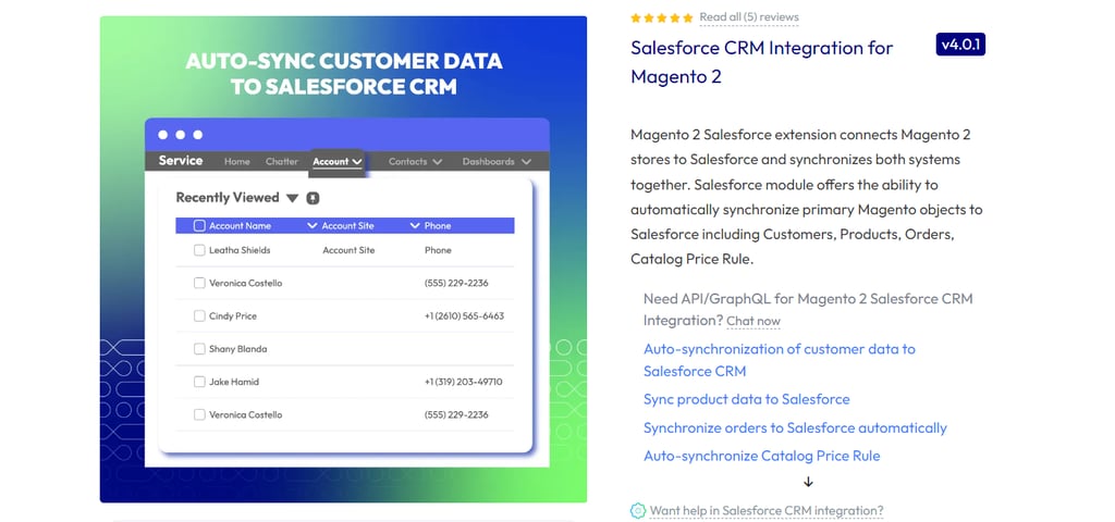 Screenshot of Salesforce CRM integration by Mageplaza showing the product overview