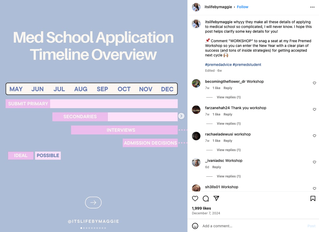 Maggie Premed Mentor Instagram post, offering a free workshop