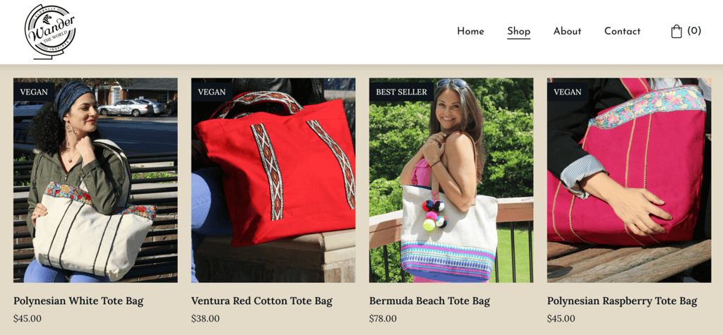 Shop page of Wander The World
