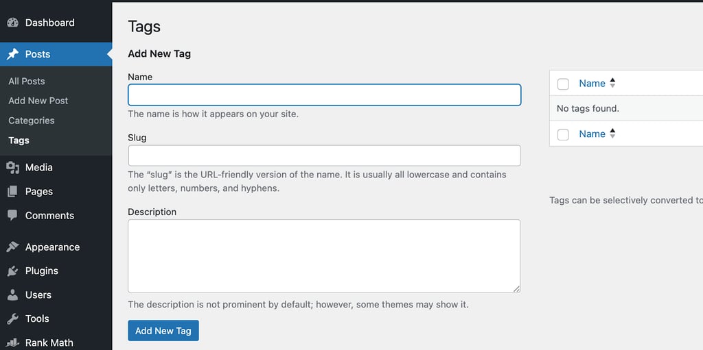 Add new tag page with the name, slug, and description input boxes
