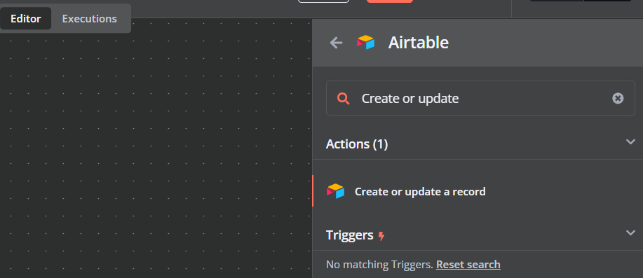 Adding the Airtable node for Create or update a record