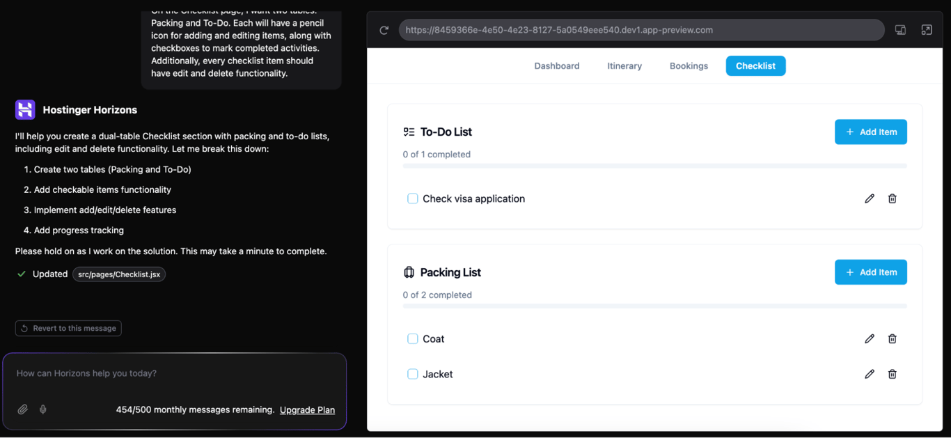 A travel custom web app's Checklist page interface