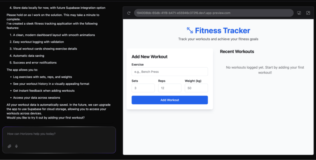 Fitness tracker app displayed in Hostinger Horizons interface