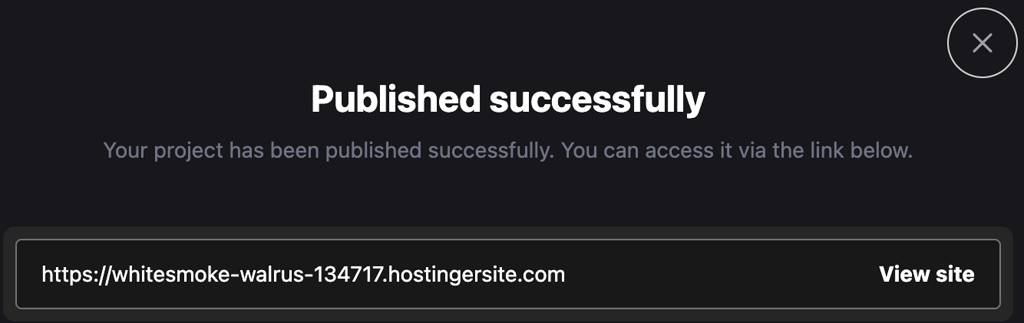 Hostinger Horizons successful publishing notification