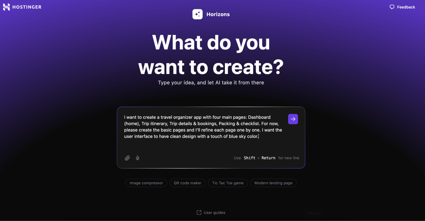 Hostinger Horizons' initial page with a prompt example