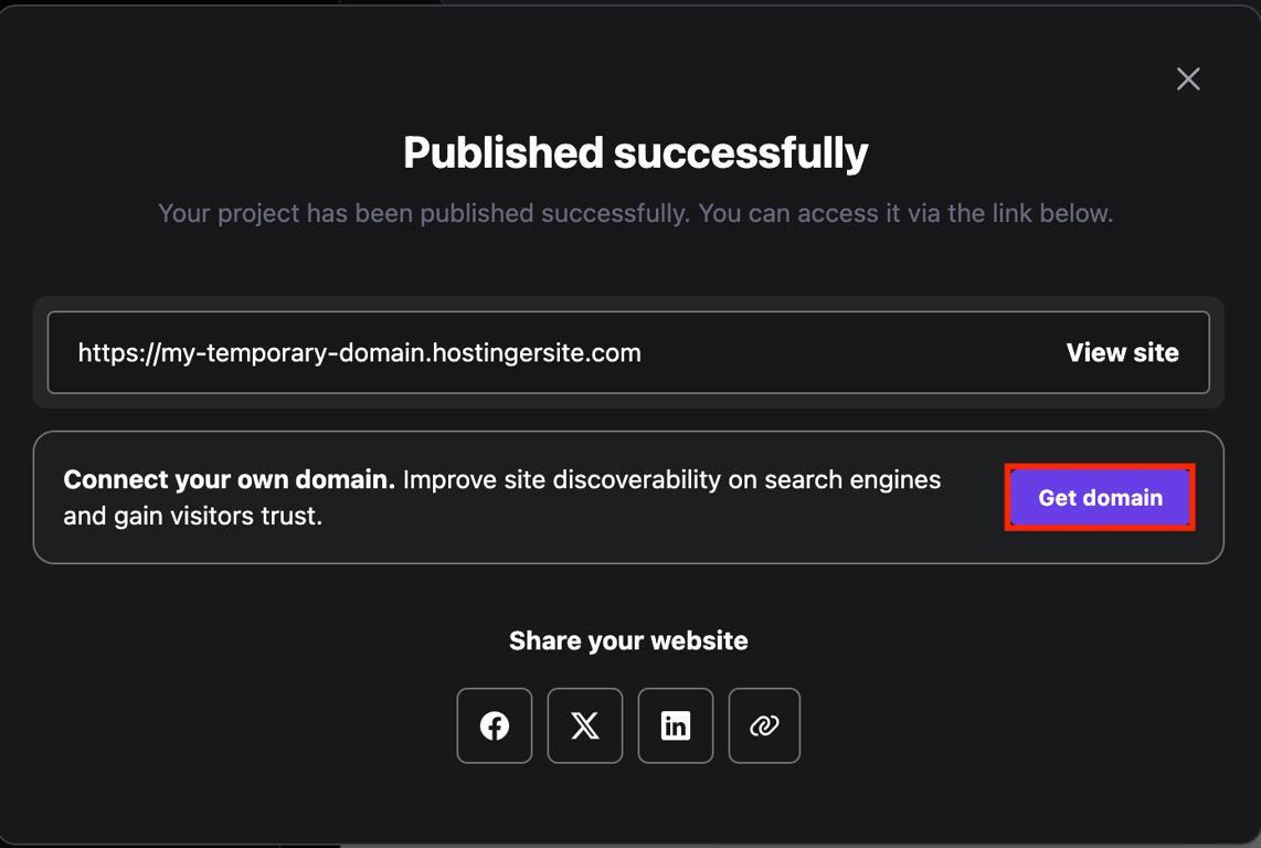 Published successfully message in Hostinger Horizons