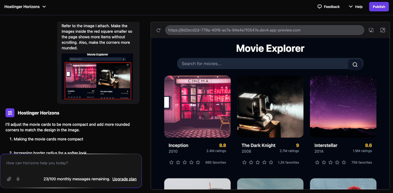 Hostinger Horizons updates a specific part of the application based on the image input