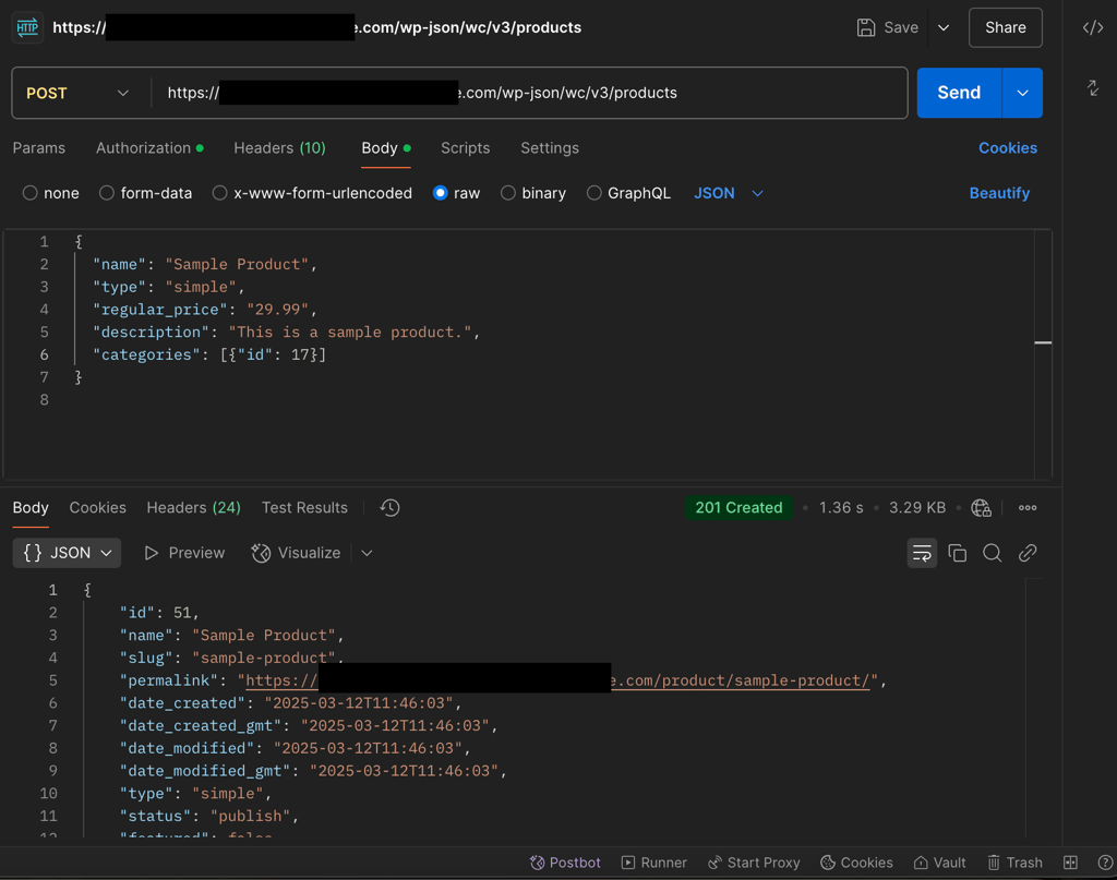 The WooCommerce REST API POST request result example