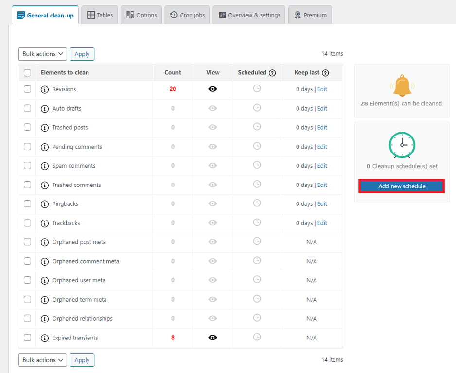 Dashboard displaying cleanup options for a website, highlighting items to clean, with emphasis on "Add new schedule" button.