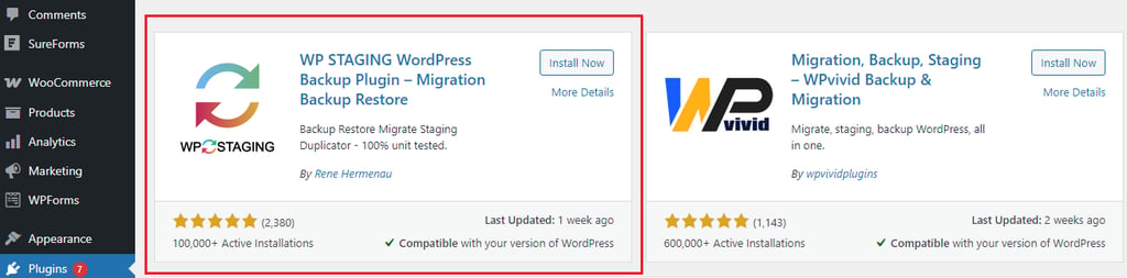 WordPress plugins page, featuring WP STAGING and WPvivid Backup & Migration plugins with ratings and installation stats.