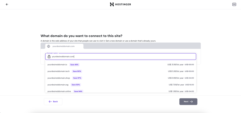 The domain name selection page on hPanel