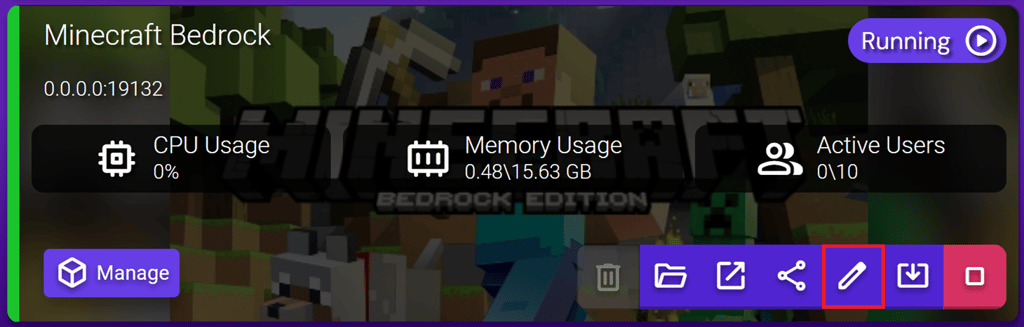 Minecraft Bedrock instance with the Edit button, noted down as a pencil icon, highlighted.