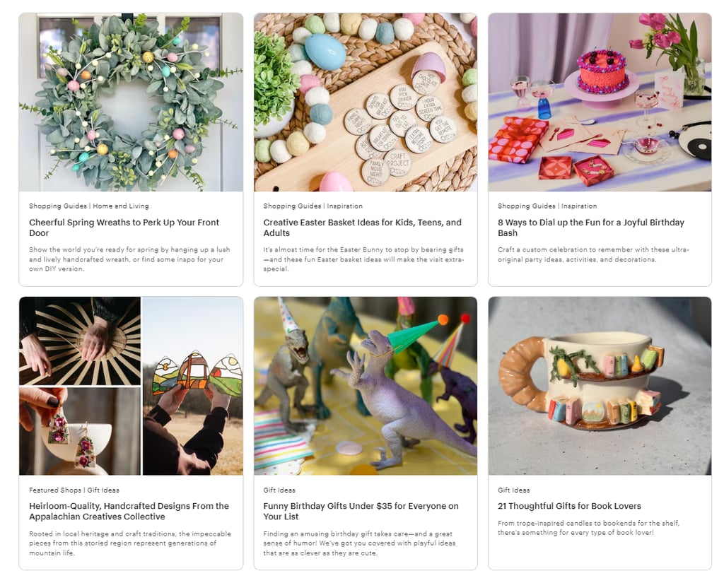 A collage of gift guides featuring spring wreaths, Easter basket ideas, birthday party tips, handcrafted gifts, and book lover gifts.
