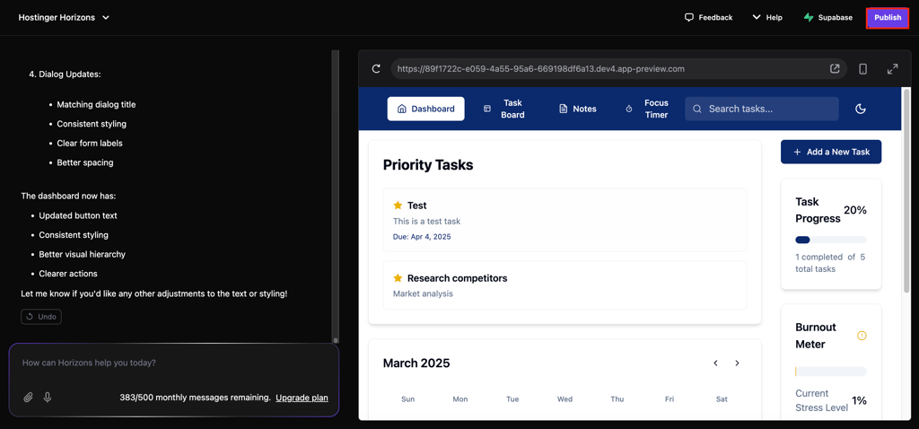 The Publish button on Hostinger Horizons editor interface