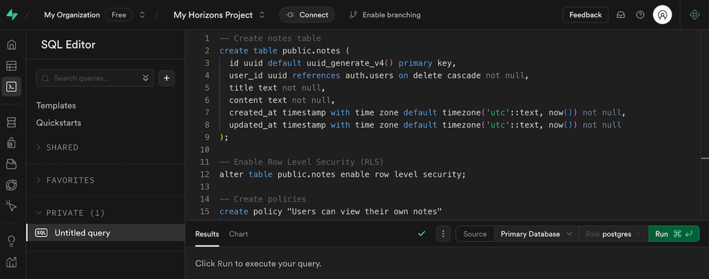 The SQL editor menu in Supabase