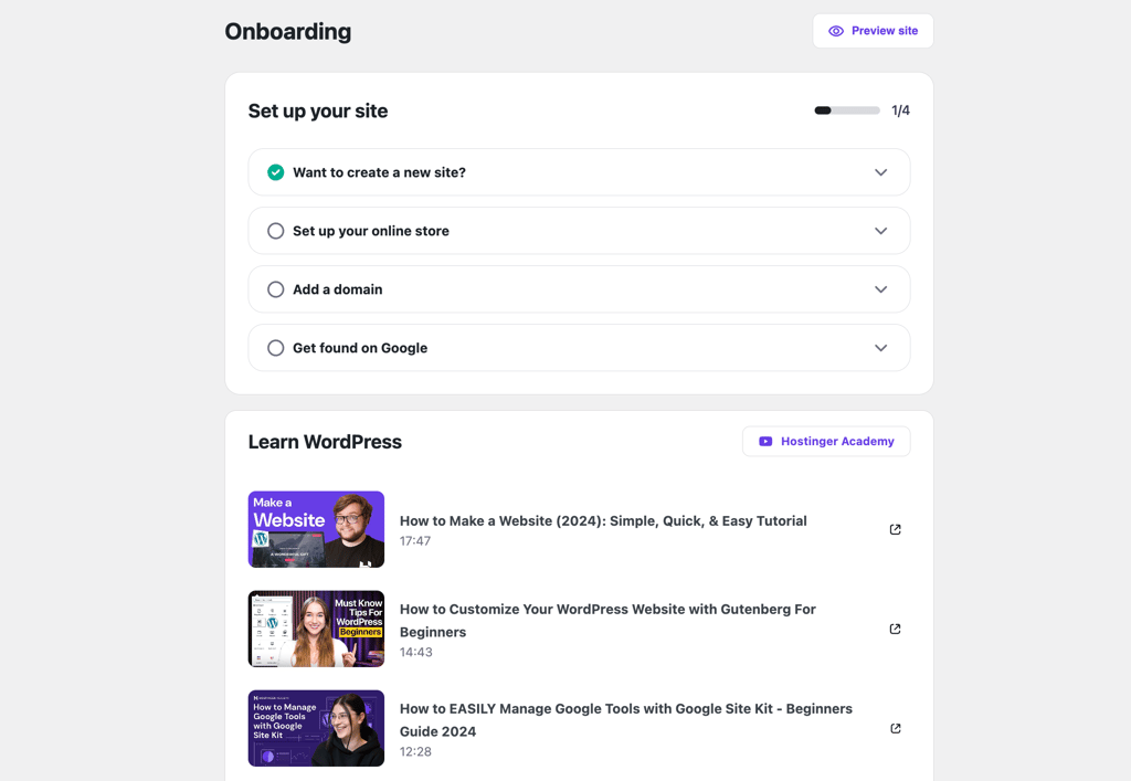 Hostinger's Easy Onboarding plugin's interface for WooCommerce