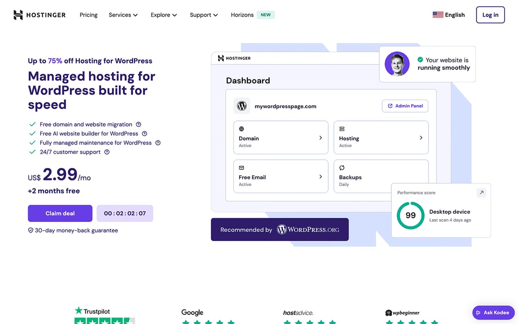 Hostinger web page advertising managed WordPress hosting, showing a dashboard interface, pricing details, and a performance score for desktop devices