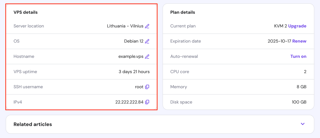 The VPS details section in the Overview page of hPanel's VPS