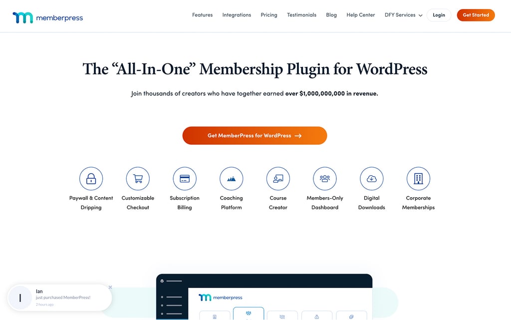 MemberPress homepage promoting it as an all-in-one membership plugin with icons for paywall, subscriptions, digital downloads, and coaching features