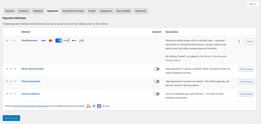 WooCommerce's payment settings interface