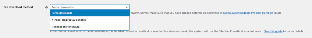 The options for File download method in WooCommerce Downloadable products settings