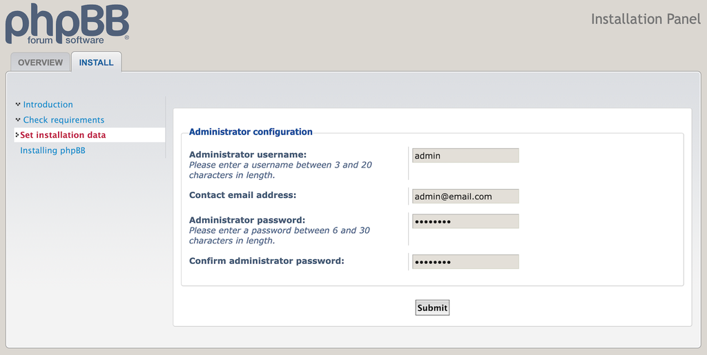 assistente de configura&ccedil;&atilde;o do phpbb