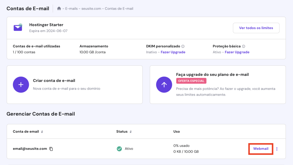 botão webmail na tela contas de e-mail do hpanel