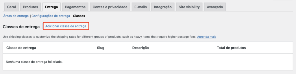 bot&atilde;o adicionar classe de entrega no woocommerce