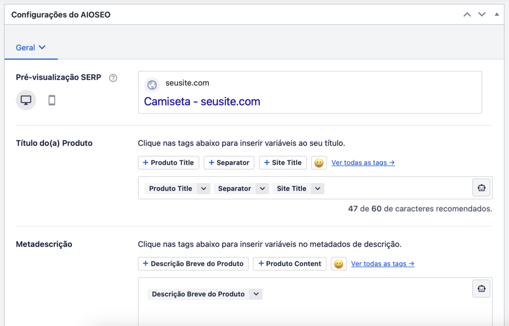 configura&ccedil;&otilde;es de seo do aioseo ao adicionar produto no woocommerce