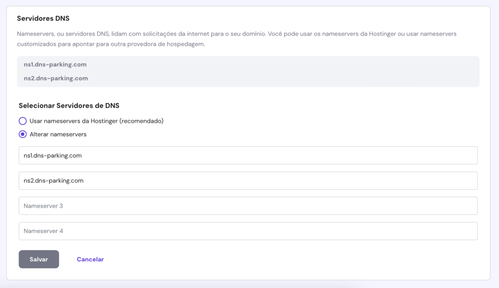 alterando nameservers de dom&iacute;nio no hpanel