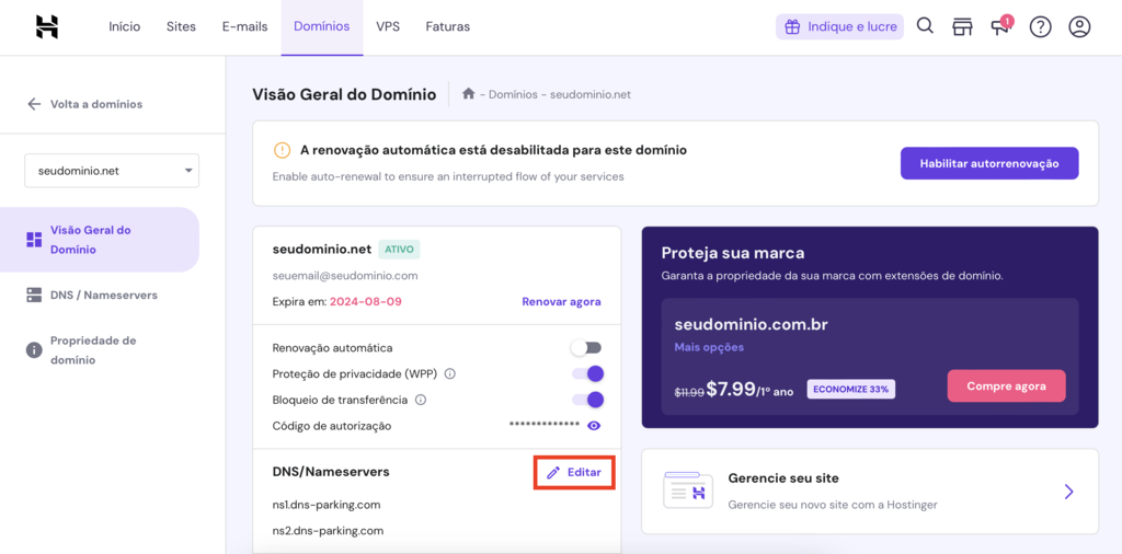 p&aacute;gina de gerenciamento de dom&iacute;nio do hpanel com bot&atilde;o de alterar dns/nameservers em destaque